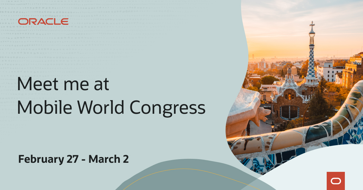 I'm heading to #MWC23! Join me in Barcelona to learn more about how Oracle is reimagining communications. social.ora.cl/60183SgwG