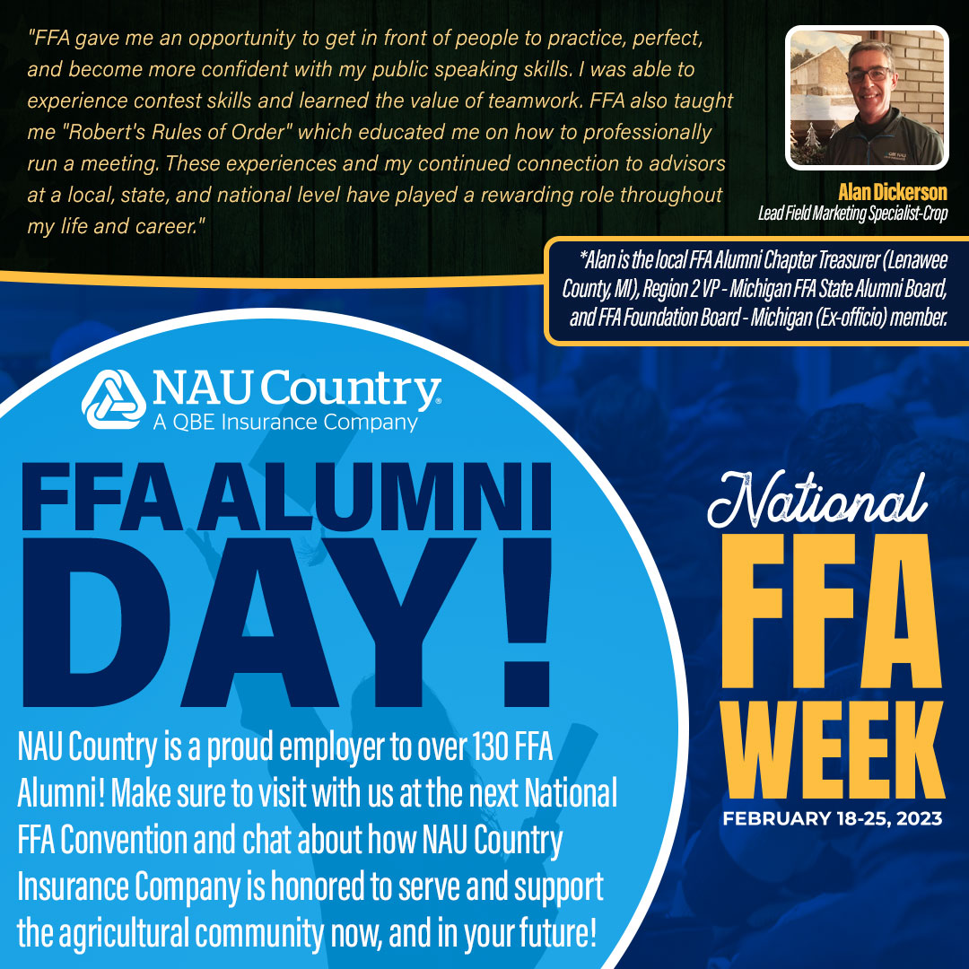 naucountry's tweet photo. #NAUCountry is proud to employ over 130 FFA Alumni! Are YOU an FFA Alum too? Share a comment about your FFA experience or a picture of you in your "hay-day" in the FFA! https://t.co/x2DfUr7pWI
#ForeverBlue #FFAWeek #FFAWeek23 #FFAWeek2023 #FFA #NationalFFA #FutureFarmersOfAmerica https://t.co/9RbcgLifph