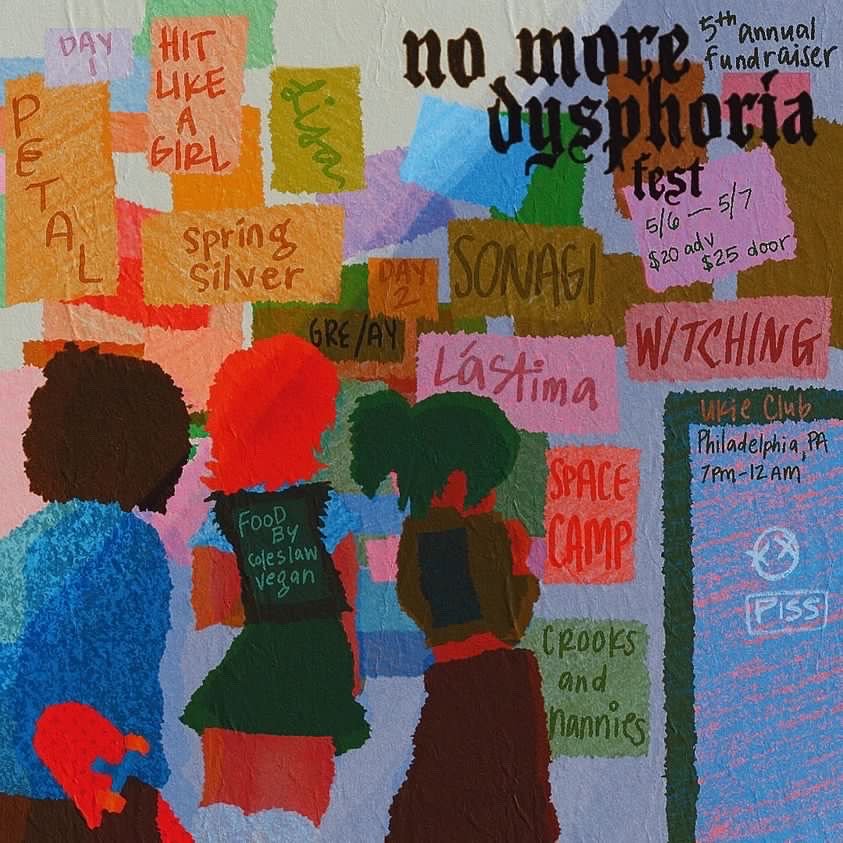 nomoredysphoria's tweet photo. Stoked to announce the 5th fundraising event, No More Dysphoria Fest! 5/6-5/7 at Ukie Club in Philly with Petal, Crooks and Nannies, Sonagi, Space Camp, and more! There will be a raffle, food, and fun! Raising money to help trans/gender nonconforming people with their transitions https://t.co/fLmNxZOirA
