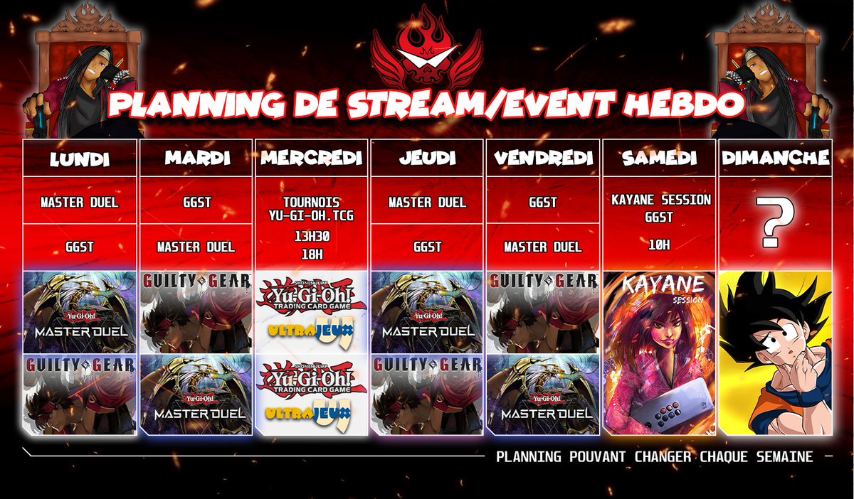 Themajin972's tweet photo. Youhou Planning ! 
On essaye de se préparer pour la #KayaneSession de samedi sur #GGST 👊🔥
Retour en Force sur #YuGiOhMASTERDUEL avec les events / etc 🃏✨💎(Merci les Héros ♥) 
On continue les tournois #yugiohtcg comme d'hab
📺 https://t.co/URupLdl0OR
Bonne Semaine à tous ! https://t.co/WQJqwsrxsU