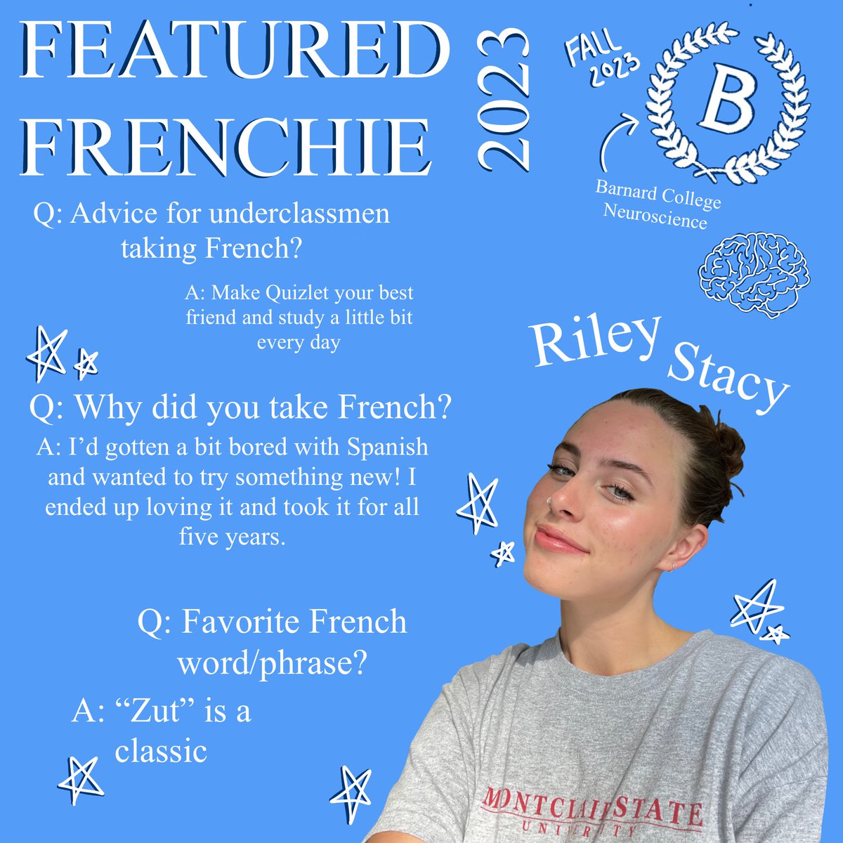 Briggs_Colls's tweet photo. The one and only RILEY! Our next featured frenchie is one of a kind and will be so missed next year especially by period 6 students! 💙💛🇫🇷 @collscounseling @Colls_HS https://t.co/L7GOkH0zy6