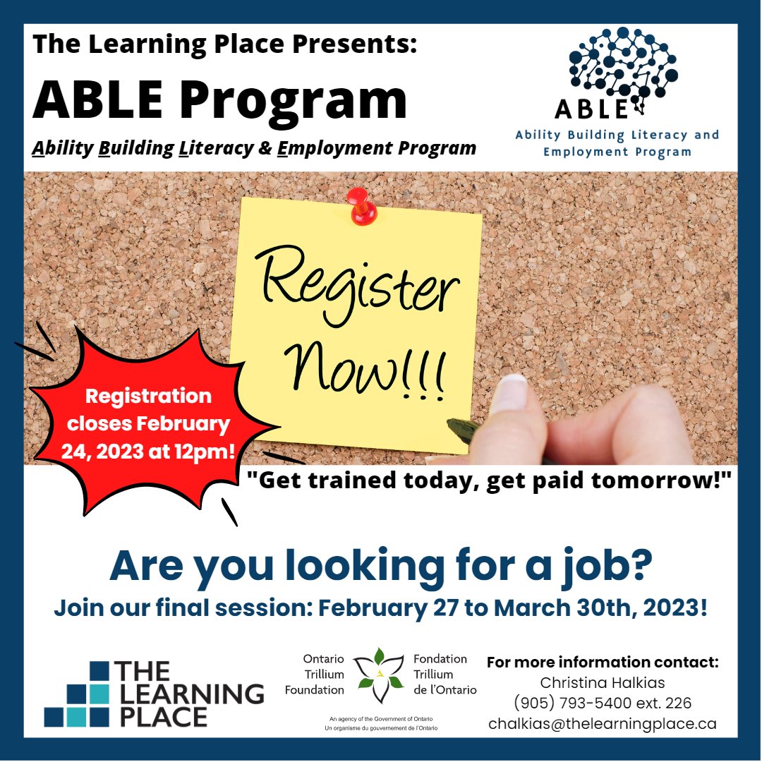 TLP_Peel's tweet photo. It's your final chance to join our ABLE Program! 
Register today for our Final Session; February 27th to March 30th from 9am-12pm on Zoom! 
#TLP #Employment #ABLEProgram #Finalcohort #Jointoday
https://t.co/uXIBhPj4gs https://t.co/xUjZzbPSzH