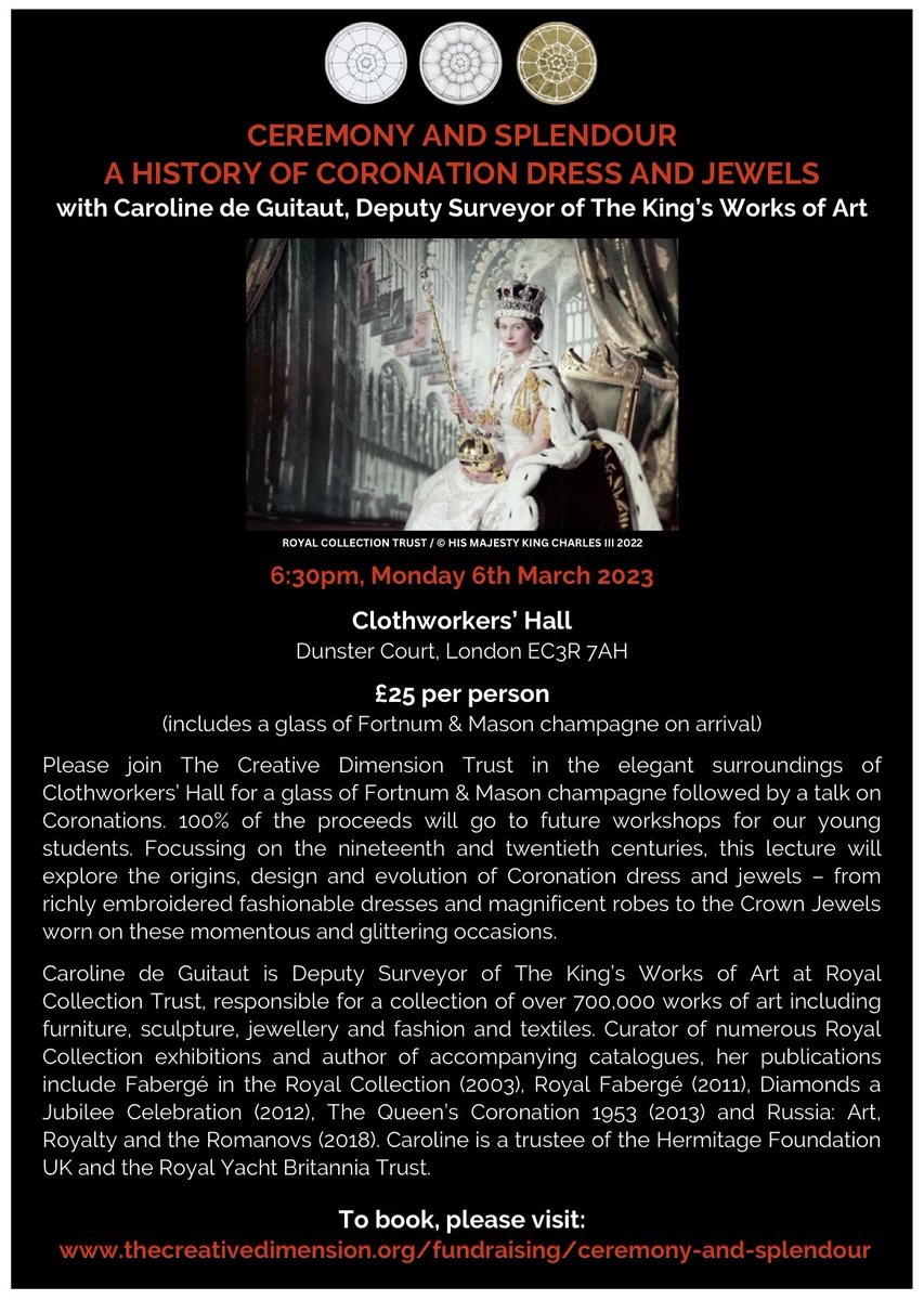 Join us at Clothworkers Hall for this wonderful lecture and champagne with Caroline de Guitaut. #coronation #royalfamily #jewelleryhistory #royalhistory