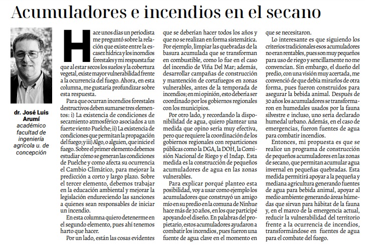 🗞️Compartimos opinión del Dr. José Luis Arumi «Acumuladores e incendios en el secano» publicada en <a href="/ladiscusioncl/">La Discusión</a>