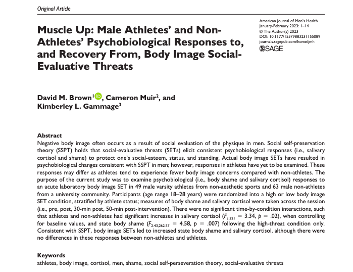 Extremely excited to have #published my master's thesis in @AmJMensHealth . Our paper examines male athletes' psychophysiological response to a body image social stressor. Findings have implications for body image, health, and sport psychology researchers #Research #OpenAccess