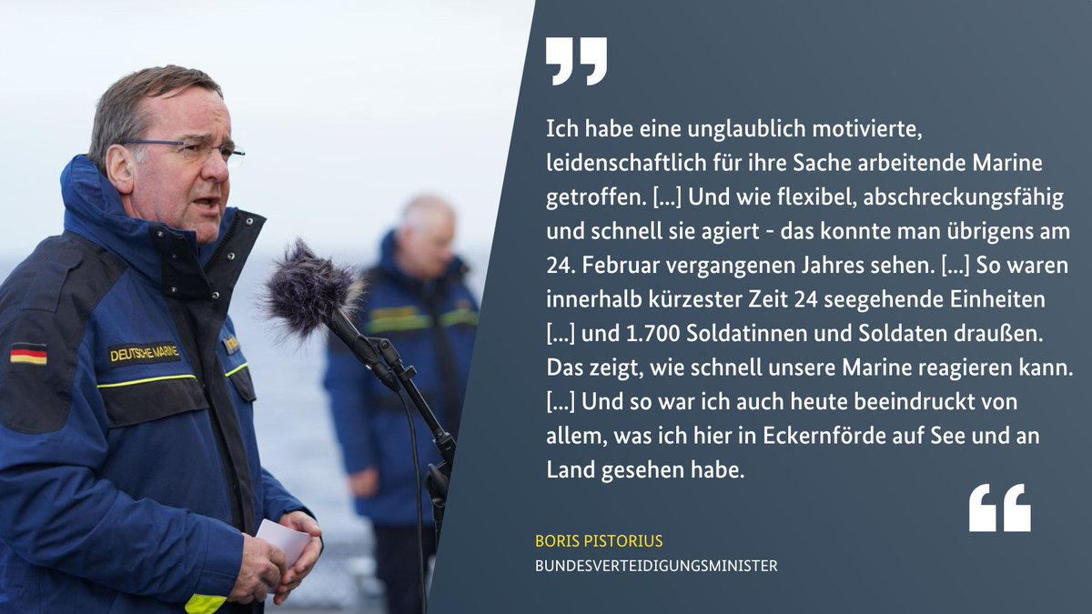 BMVg_Bundeswehr's tweet photo. Die @deutschemarine überzeugte Minister #Pistorius nicht nur heute mit ihren Fähigkeiten, auch ihre schnelle Reaktion auf die Ereignisse in der #Ukraine vor ca. einem Jahr haben ihn schwer beeindruckt.  Am Ende seines Besuches gab er ein Statement vor der Presse. https://t.co/jwHBGtINXE