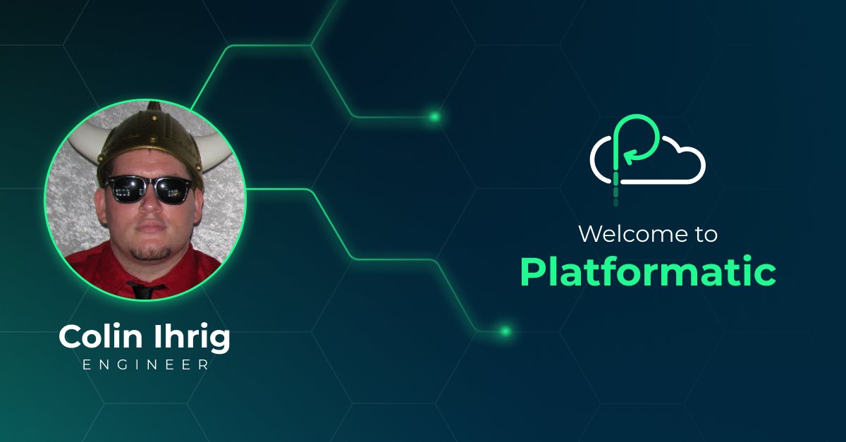 Welcome to Platformatic: Colin Ihrig, Engineer - with a photo of Colin wearing sunglasses and a gold helmet with horns on either side
