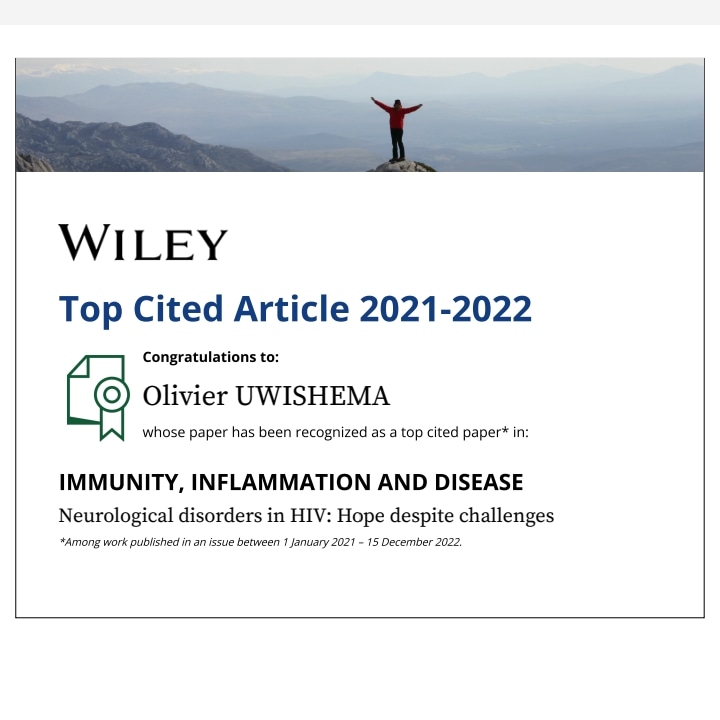 Awarded a certificate for a top cited article among work published in an issue of the Journal of Immunity, Inflammation, and Disease between 1 January 2021 and 15 December 2022 for the article titled "Neurological Disorders in HIV: Hope Despite Challenges"

#scicomm #RwOT #MedEd