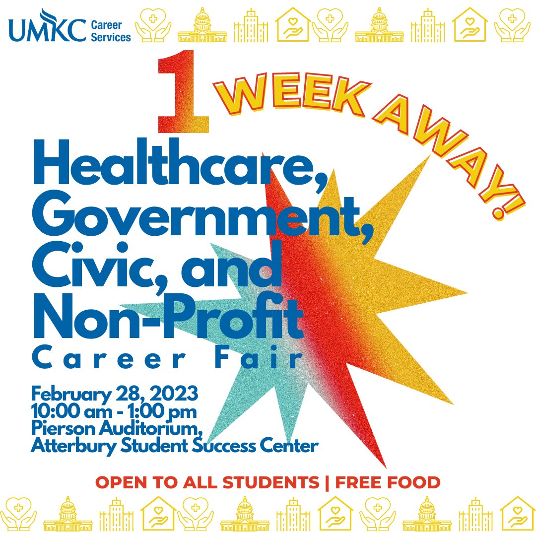 We are 1 week away from our next Career Fair!💥 Whether you’re looking for a part-time job, an internship, a full-time position, or are just looking to connect and expand your network, this fair will have something for everyone. 🥳Visit umkc.joinhandshake.com/career_fairs/3…
 to register✨
