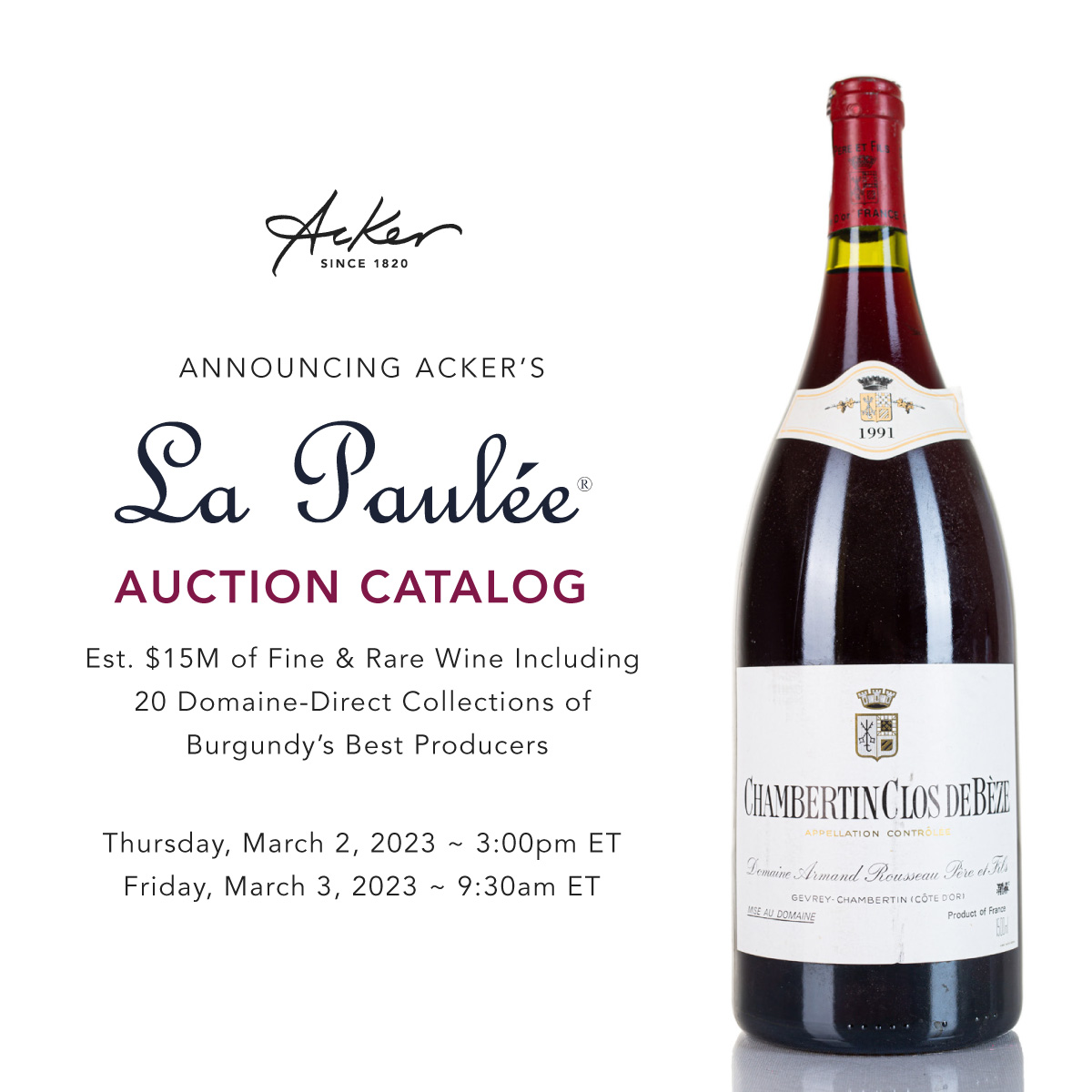 It’s finally time for Acker’s first ever La Paulée auction on Thursday and Friday March 2 and 3! Get ready because it’s already a benchmark sale for 2023 and the largest La Paulée auction ever! bit.ly/La_Paulee