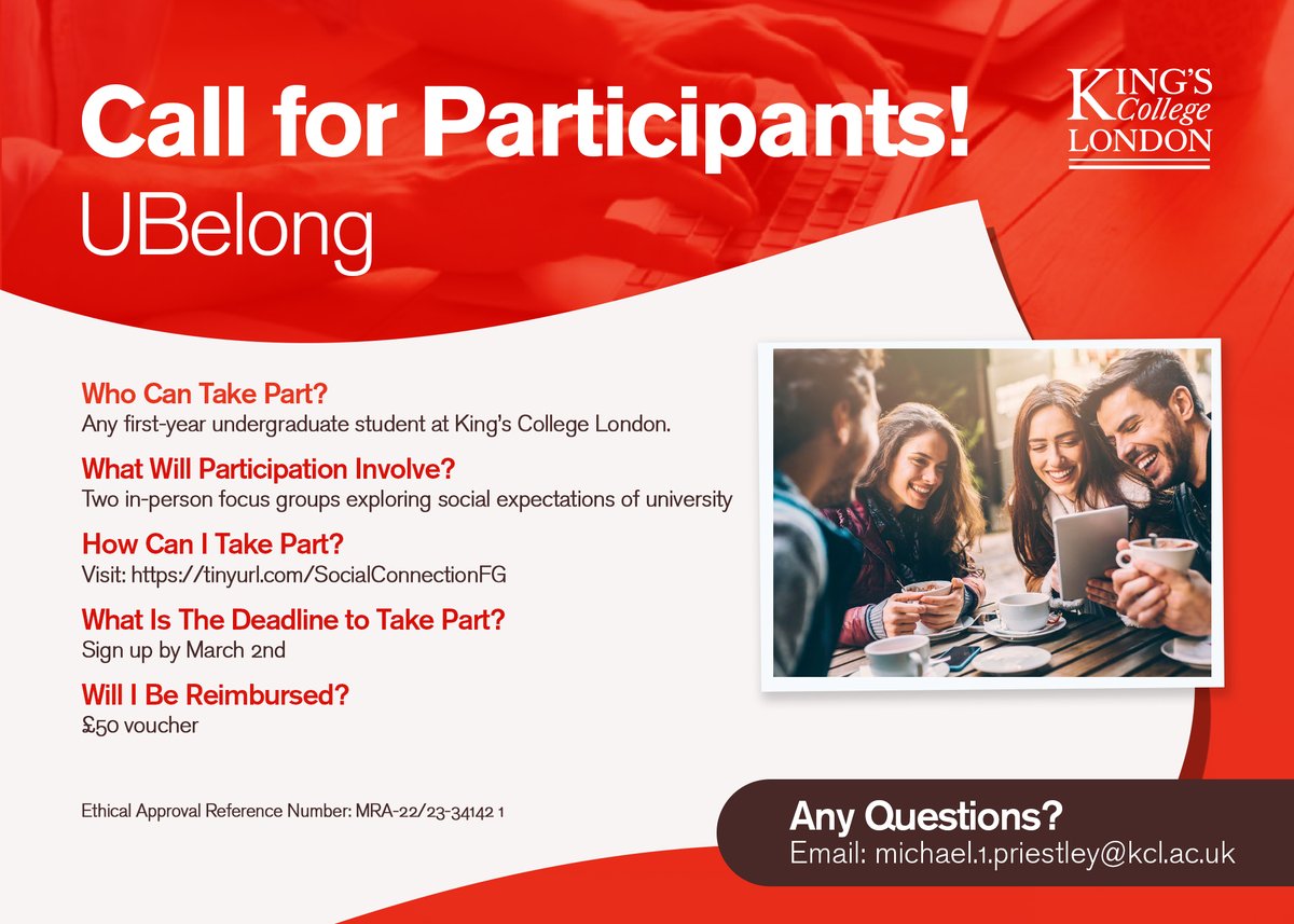 Michael Priestley (@priestleymj) on Twitter photo 📣 <a href="/KingsCollegeLon/">King's College London</a> first-year students! What were your expectations of student social life at uni?
⏱️ 2 two-hour in-person focus groups one month apart
💷£50 voucher for taking part in both groups
👉 Find out more + sign up tinyurl.com/SocialConnecti…
<a href="/kclstudent/">Student life at King's</a> <a href="/ksunion/">King’s Students’ Union</a> 📣 <a href="/KingsCollegeLon/">King's College London</a> first-year students! What were your expectations of student social life at uni?
⏱️ 2 two-hour in-person focus groups one month apart
💷£50 voucher for taking part in both groups
👉 Find out more + sign up tinyurl.com/SocialConnecti…
<a href="/kclstudent/">Student life at King's</a> <a href="/ksunion/">King’s Students’ Union</a>