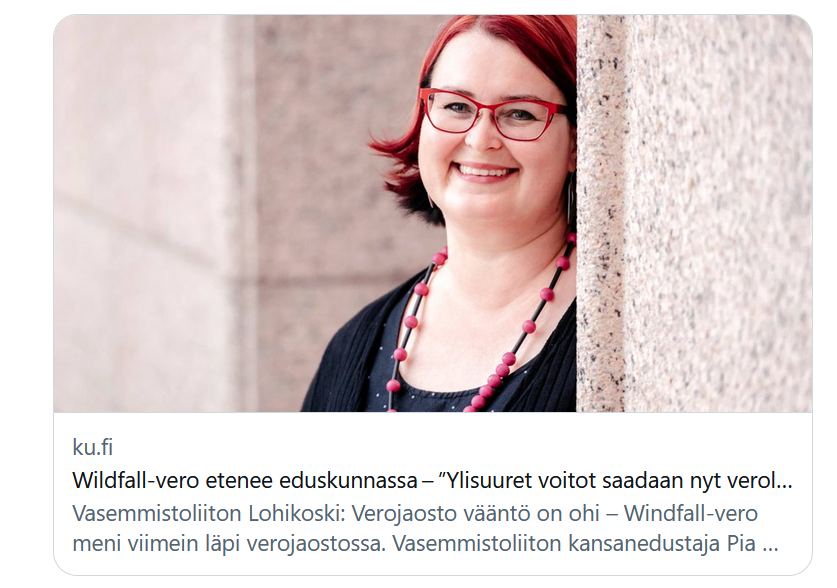 KEmmiliina's tweet photo. Ihanan kuvaava @kansanuutiset lipsahdus villin verosyksyn villeimmästä tuotoksesta, joka kohdistuu sähköntuottajien voittoon. Päättäjien villeissä toiveissa on että 30% lisävero ei vaikuta kaivattuihin sähköntuotannon investointeihin, kunhan #vero jää kertaluonteiseksi. #wildfall https://t.co/06oogwb8XF