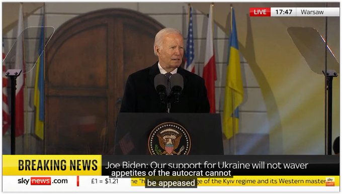 Watch live: President Biden makes a speech in Poland ahead of one-year anniversary of Ukraine war
5,260 watching now  Started streaming 28 minutes ago  #SkyNews #Ukraine #JoeBiden
US President Joe Biden is speaking in Poland ahead of the first anniversary of Russia's invasion of Ukraine.

#SkyNews #Ukraine #JoeBiden