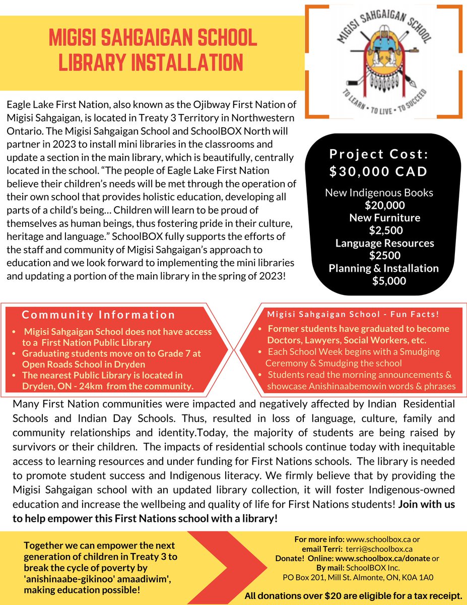 schoolBOXhelps's tweet photo. The Migisi Sahgaigan First Nation school is partnering with SB to update the school’s main library collection, refresh the space, and provide “mini libraries” for six of the classrooms. Click the link below to support and read more!
https://t.co/A1lAPyZUad
#firstnationseducation https://t.co/hiDMMqAnpY