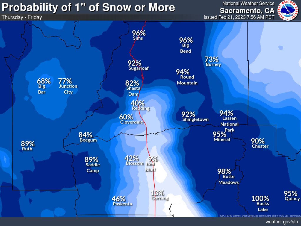 NWS Sacramento on Twitter "The probability of 1" of snow or more for