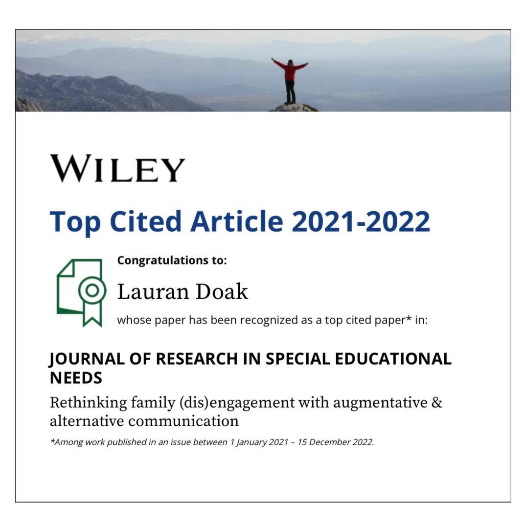 LauranDoak's tweet photo. Just heard from #Wiley that my paper on #AAC and #SEND families is a #topcitedarticle in JORSEN - many thanks to all who have read and cited. @ntu_research https://t.co/0NUJODyZCa https://t.co/ZKUD4F0QlR