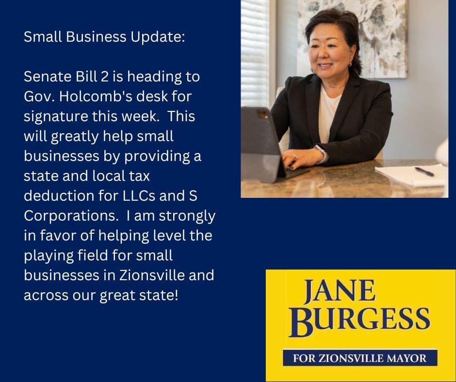 JaneForZville's tweet photo. This Senate Bill is a win-win for small businesses in Indiana. By saving the small business owner money in taxes paid, this will allow Hoosier business owners to reinvest in their businesses and drive economic growth. #janeforzvillemayor #smarteconomicdevelopment #awinwin https://t.co/NZpx2Hzlxf