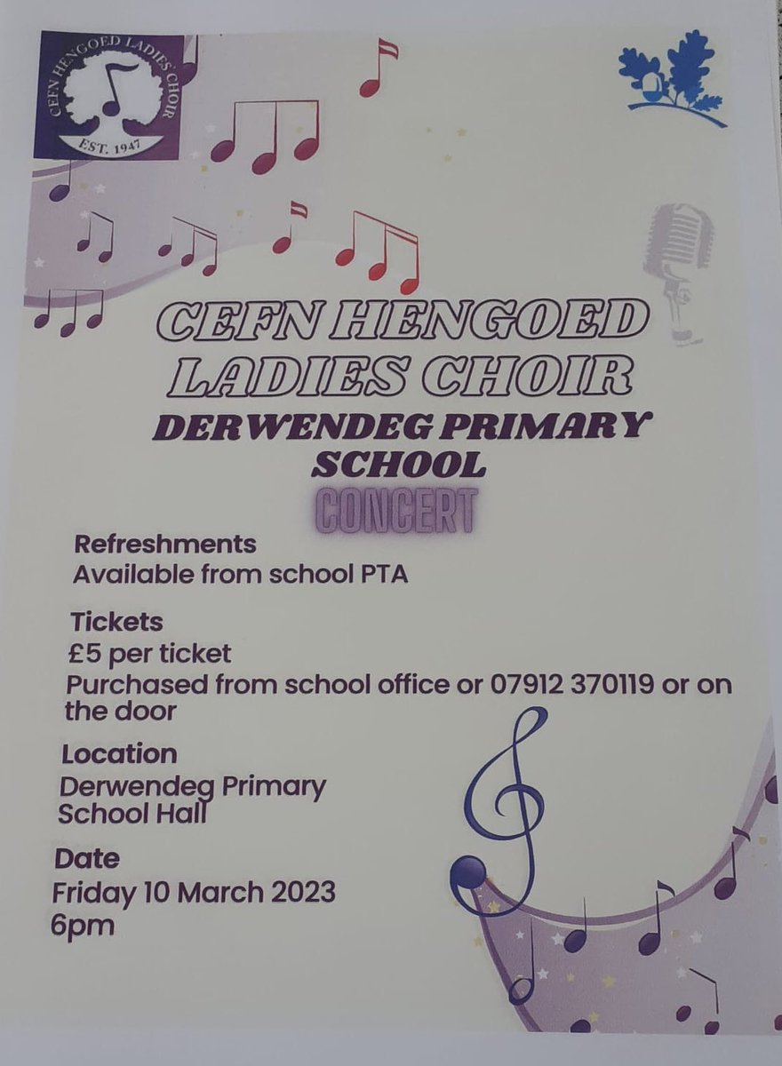 Save the date! The choir are thrilled to be singing with Derwendeg Primary School at their St David’s Day concert on Friday 10th March at 6pm. Come along to support the school.