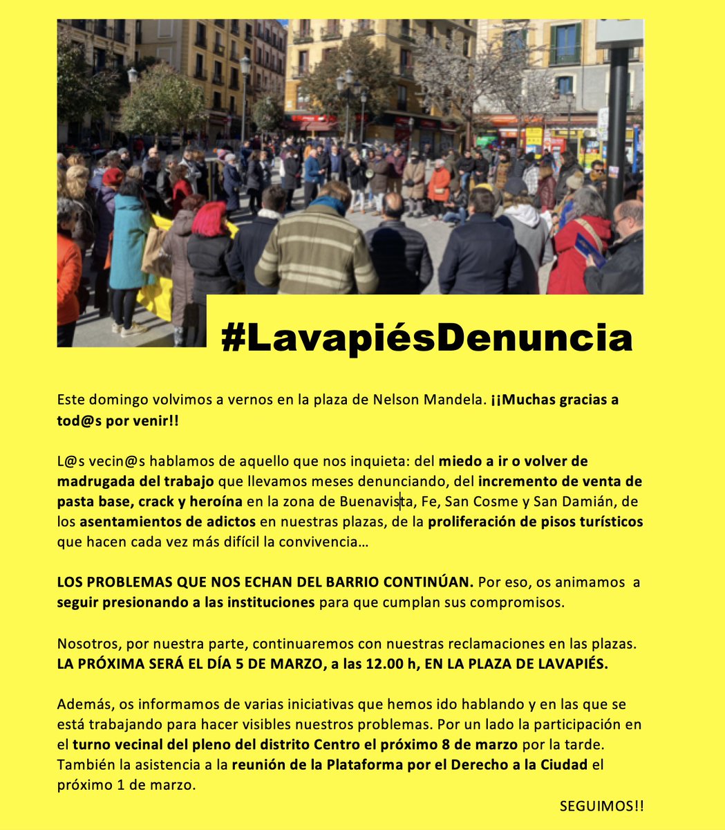 LVPdenuncia's tweet photo. Os esperamos el 5 de marzo a las 12:00 h en la plaza de Lavapiés para seguir luchando por nuestro barrio. https://t.co/3Jqdtzbt2P