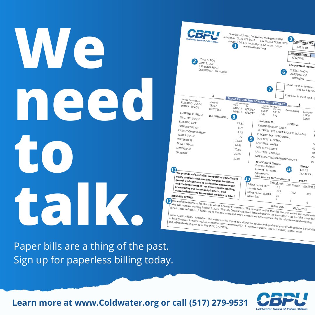 CityColdwaterMi's tweet image. We need to talk.📄 Paper bills are a thing of the past. 📄 Sign up for paperless billing today.

Sign Up here --&amp;gt; ow.ly/eEp350MOc8v #PublicPower #PaperlessBilling #Billing  #Future #TheFutureIsHere #TheFutureIsNow #CBPU #CityOfColdwater #ColdwaterMI #ColdwaterMichigan