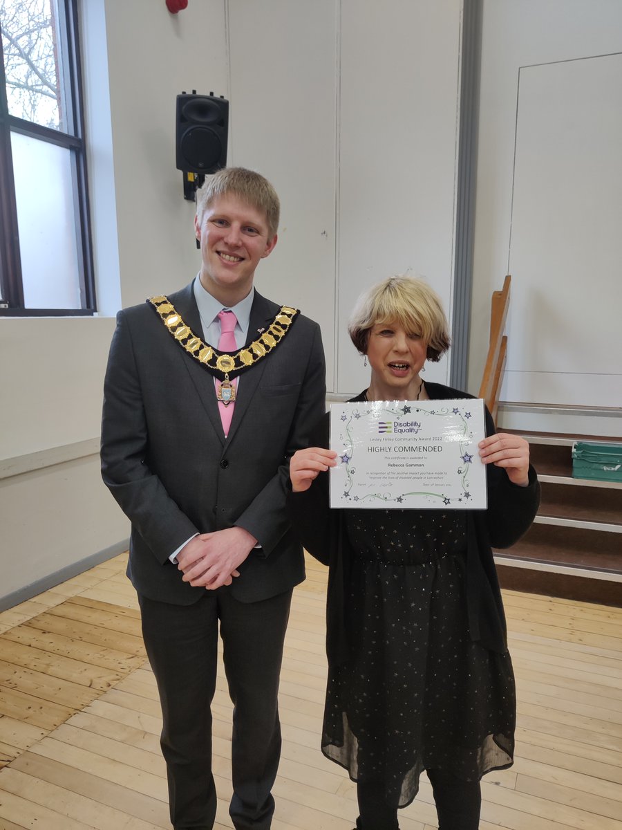 BOCS_England's tweet image. Becky and Andrew, two of our Lancashire-based service users, were shortlisted for an award organised by @DIsabilityNW for their hard work and commitment to the community. Although they didn&apos;t win, they both received a certificate and were highly commended by the Mayor of Preston.