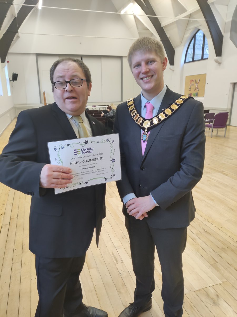 BOCS_England's tweet image. Becky and Andrew, two of our Lancashire-based service users, were shortlisted for an award organised by @DIsabilityNW for their hard work and commitment to the community. Although they didn&apos;t win, they both received a certificate and were highly commended by the Mayor of Preston.