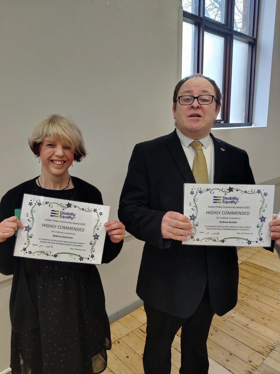 BOCS_England's tweet image. Becky and Andrew, two of our Lancashire-based service users, were shortlisted for an award organised by @DIsabilityNW for their hard work and commitment to the community. Although they didn&apos;t win, they both received a certificate and were highly commended by the Mayor of Preston.