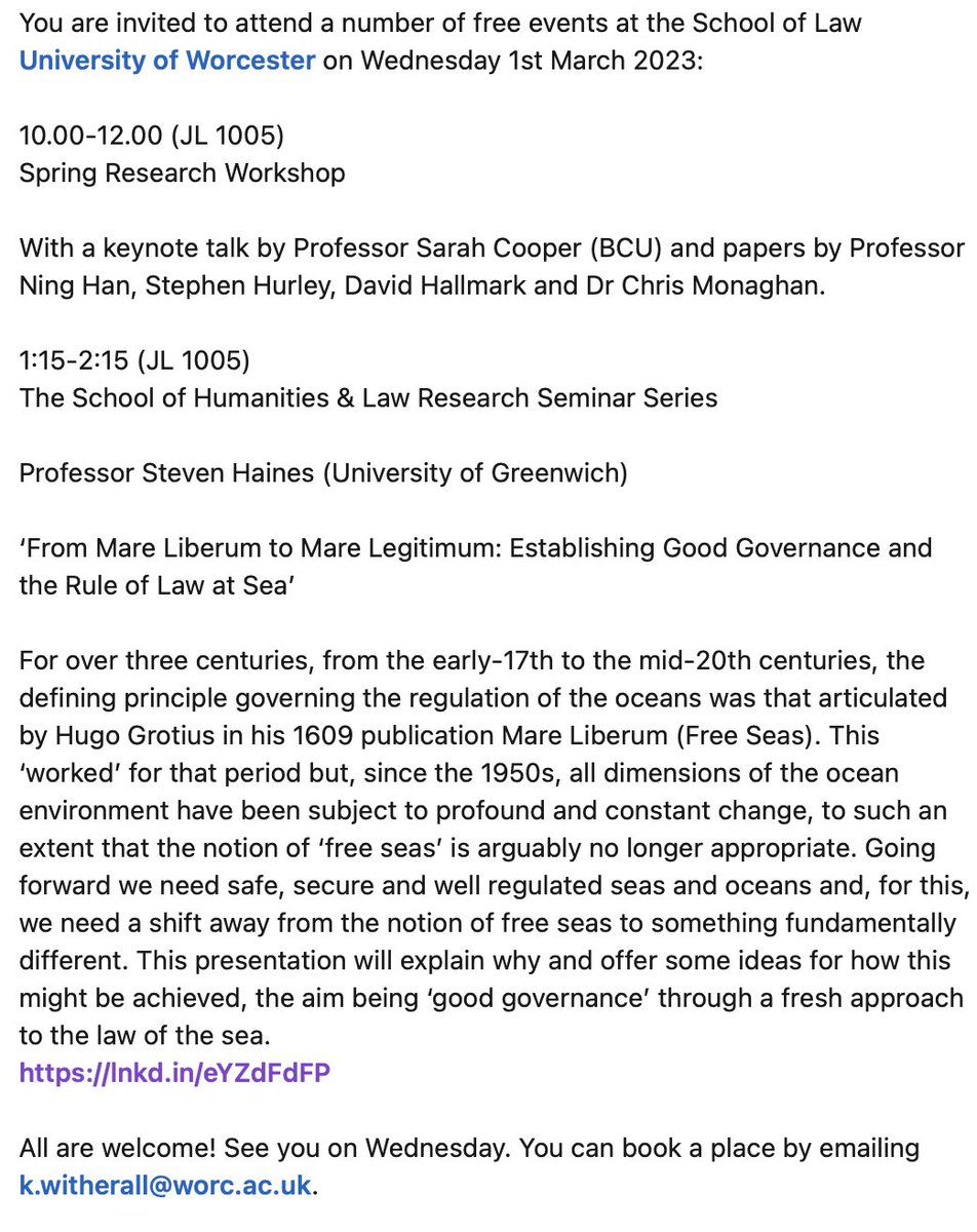 Looking forward to next week's law/humanities research events <a href="/LawUniWorcester/">School of Law</a> <a href="/WorcesterUni/">Worcester University</a> on Wednesday 1 March! For more details see below 👇