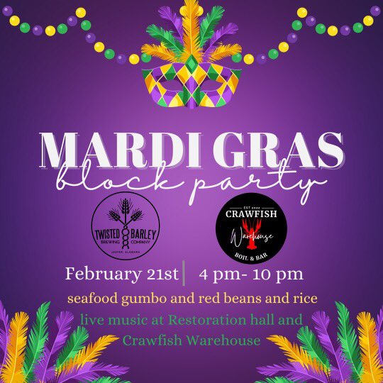 Open today for Mardi Gras 4-10pm!

Back door is open with live music at Crawfish Warehouse and a poker walk downtown. 

$5 bowls of Red Beans &amp; Rice or Seafood Gumbo.