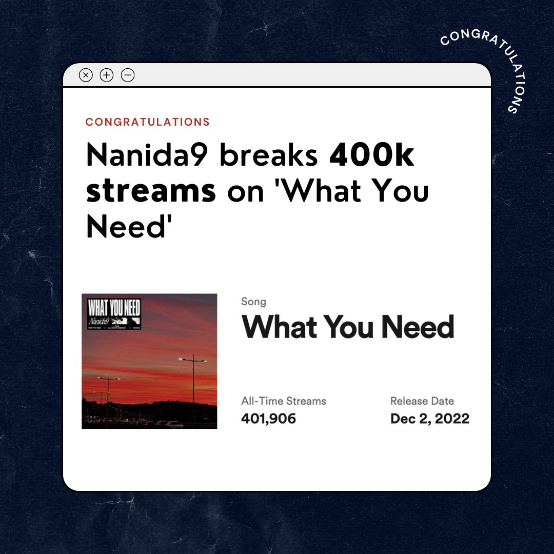 Congratulations to Nanida9 for breaking past 400k streams on Spotify for his track 'What You Need' in under 3 months. This track is just getting started! Excited to see where this one goes.