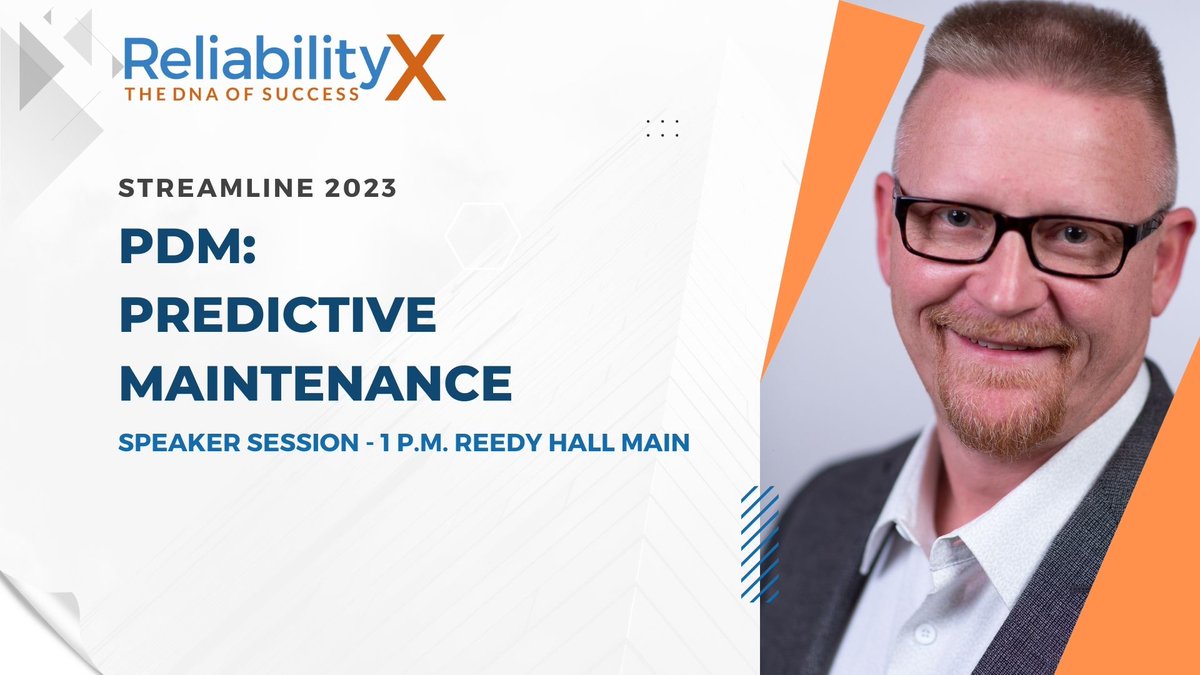 ReliabilityX's tweet photo. Or next speaker session at #Streamline2023 starts after lunch! Join George Williams for the 'PdM: Predictive Maintenance' session at 1 P.M. in Reedy Hall Main 🗣️ #predictivemaintenance #operations #dnaofsuccess https://t.co/BIUgTEaXHn