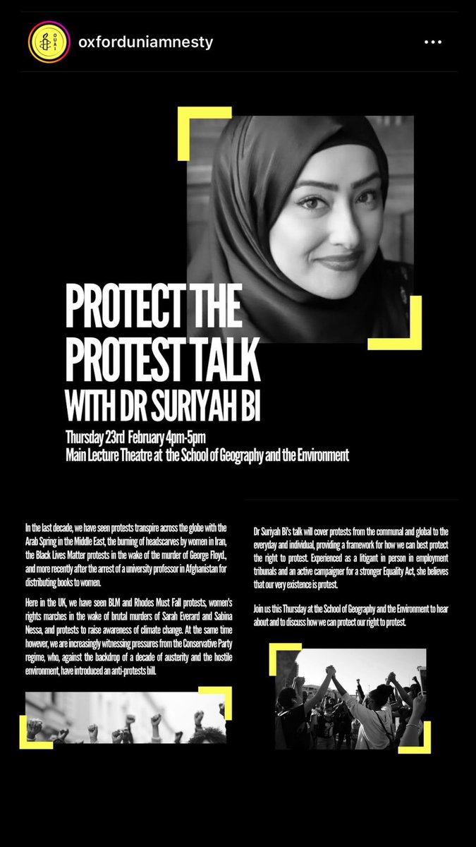 This Thurs, 4-5pm in @oxfordgeography Main Lecture Theatre, join @DrSuriyah and @amnestyoxsoc for a talk all about protest 👇