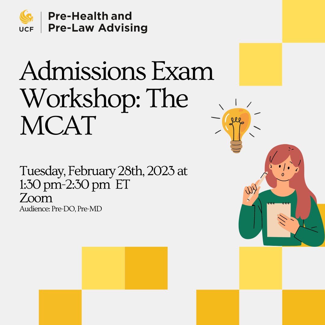 ✨ Hi Knights! Have questions about the MCAT? Come to our workshop, we will be discussing the ins and outs of the MCAT via Zoom. For future workshop registration emails, join our email list at academicsuccess.ucf.edu/phpladvising/