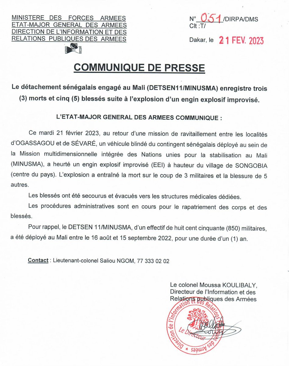 CHEFDIRPA's tweet photo. L'État-major général des Armées déplore le décès de trois (3) soldats au sein du Détachement sénégalais engagé au Mali ( MINUSMA). Cinq (5) autres sont blessés. https://t.co/zw55X4Bvxu