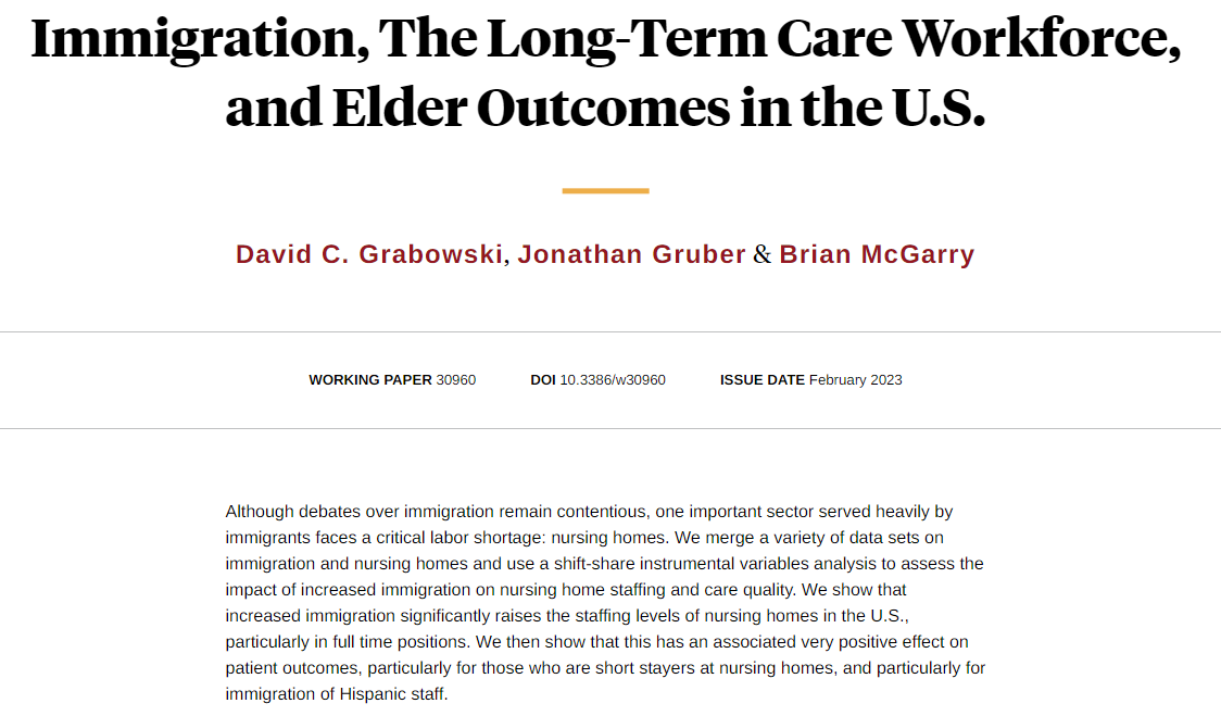 Increased immigration into the US led to more nursing home workers and better outcomes for nursing home residents, from @DavidCGrabowski Jonathan Gruber, and @McGarryBE nber.org/papers/w30960