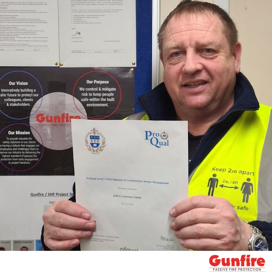 Congratulations to Jeff Smith on passing his ProQual Level 7 NVQ Diploma in Construction Senior Management.

#congratulations #construction #PassiveFireProtection #FireSafety