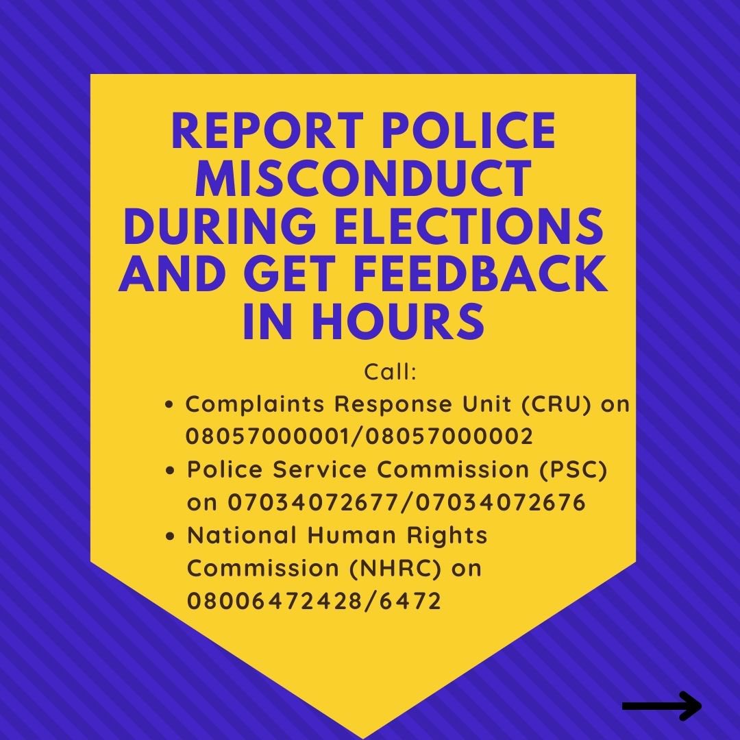 UNODC_Nigeria's tweet photo. Everyone should be able to exercise their right to vote without fear or intimidation. If you notice any police misconduct during elections, please call @PoliceNG_CRU, @POLICESERVICEC2 &amp; @NhrcNigeria via numbers on the flier. 
#ReportPoliceMisconduct
#NigeriaDecides2023 
@StateINL https://t.co/gy3skpZ3Uw