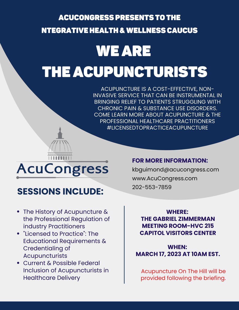 AcuCongress's tweet photo. Hi @RepNancyMace! As your constituent, AND resident Acupuncturist, I'm inviting you to the upcoming Congressional briefing: @AcuCongress Presents: #WeAreTheAcupuncturists  Come find out what it takes to be #licensedtopracticeacupuncture on March 17, 2023 at 10am in HVC 215. https://t.co/y5mcKwcA2D
