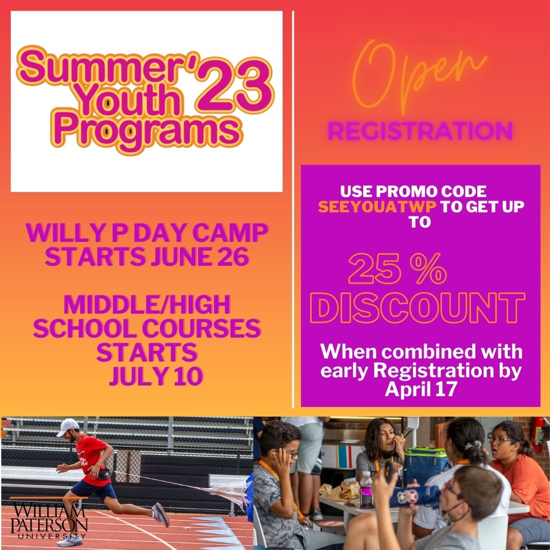 WP Youth Programs (@wpyouthprograms) on Twitter photo Summer Youth Programs registration is open!! Don’t miss out on the opportunity to get 25% off before the Early Bird registration closes on April 17.
Register Now:
tinyurl.com/yb4yyfy3
Questions? Email:
youthprograms@wpunj.edu Summer Youth Programs registration is open!! Don’t miss out on the opportunity to get 25% off before the Early Bird registration closes on April 17.
Register Now:
tinyurl.com/yb4yyfy3
Questions? Email:
youthprograms@wpunj.edu