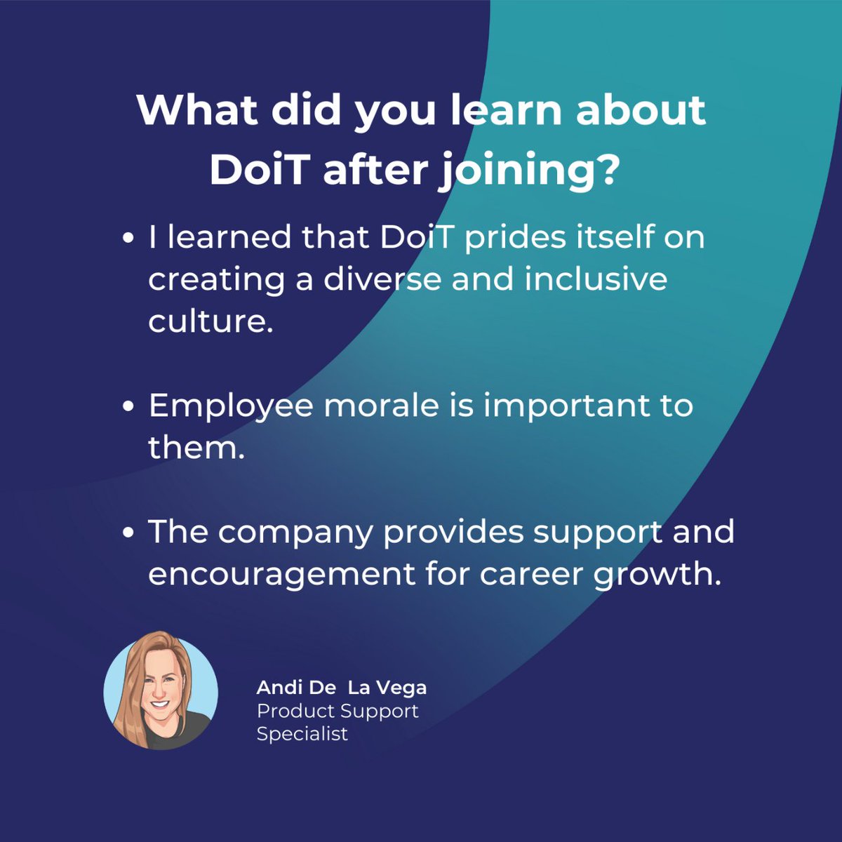 doitint's tweet photo. Q: What is your favorite benefit?
A: Working remotely & having unlimited/flexible PTO are two amazing benefits that have allowed me to have a better life balance and quality.#lifeatdoit #employeeexperience #employeespotlight #employeeappreciation #hiringremote #productspecialist https://t.co/yhxbUaNcoW