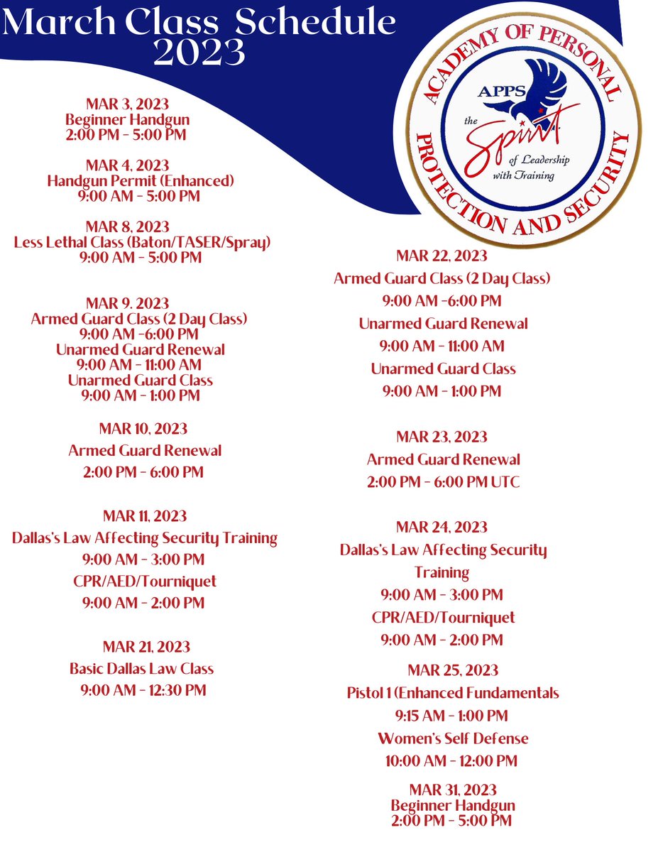 HCNashville's tweet image. March Class Schedule 🗓️

To register please visit appstraining.com
.
.
.
#training #classschedule #keeptraining #security #securitynashville #securityguard #armedguard