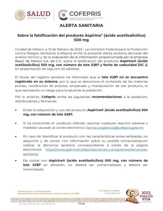 Bren_PenaBello's tweet photo. La COFEPRIS alerta sobre la falsificación de Aspirina® (ácido acetilsalicílico) 500 mg. El número de lote X287 con fecha de caducidad DIC 2, en presentación de caja con 40 tabletas es apócrifo. https://t.co/yXp4C5tJuN