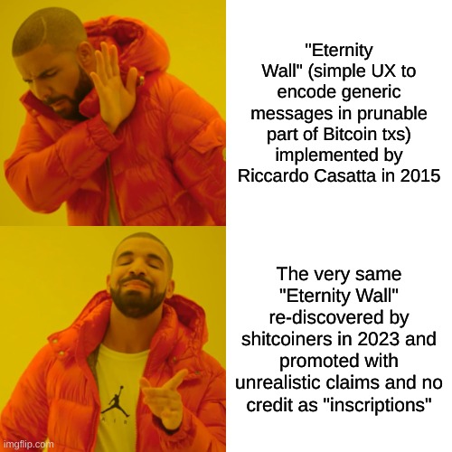 Bitcoin Eternal September
(not limited to recent examples like "ordinals" and "inscriptions", see also: Wei Dai's "Proof of Stake" in 1998, Greg Maxwell "ZK rollups" in 2013, and many, many other instances)