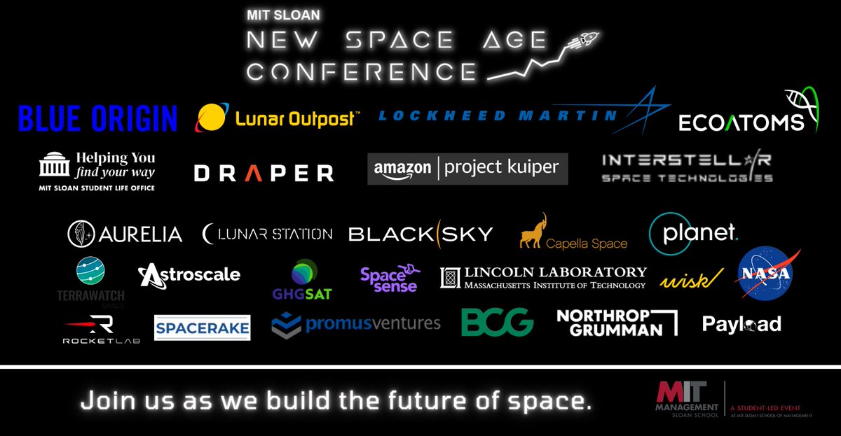 Check out all the incredible companies that will be joining us on March 17th for this year's New Space Age Conference! Tickets on sale now: eventbrite.com/e/mit-sloan-ne… #space #spacetech #nasa #blueorigin #lunareconomy #mit #mitsloan #lockheedmartin #northrup #lunar #interstellar