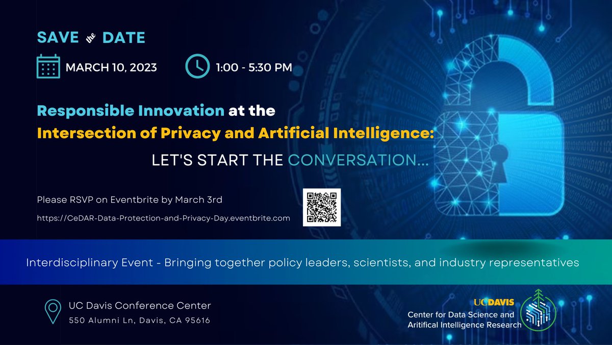 Join us on March 10, 2023, for an interdisciplinary symposium on Responsible #innovation at the Intersection of #privacy and #ArtificialIntelligence.

Event details: lnkd.in/gdha6yW3

Register here: …ection-and-Privacy-Day.eventbrite.com