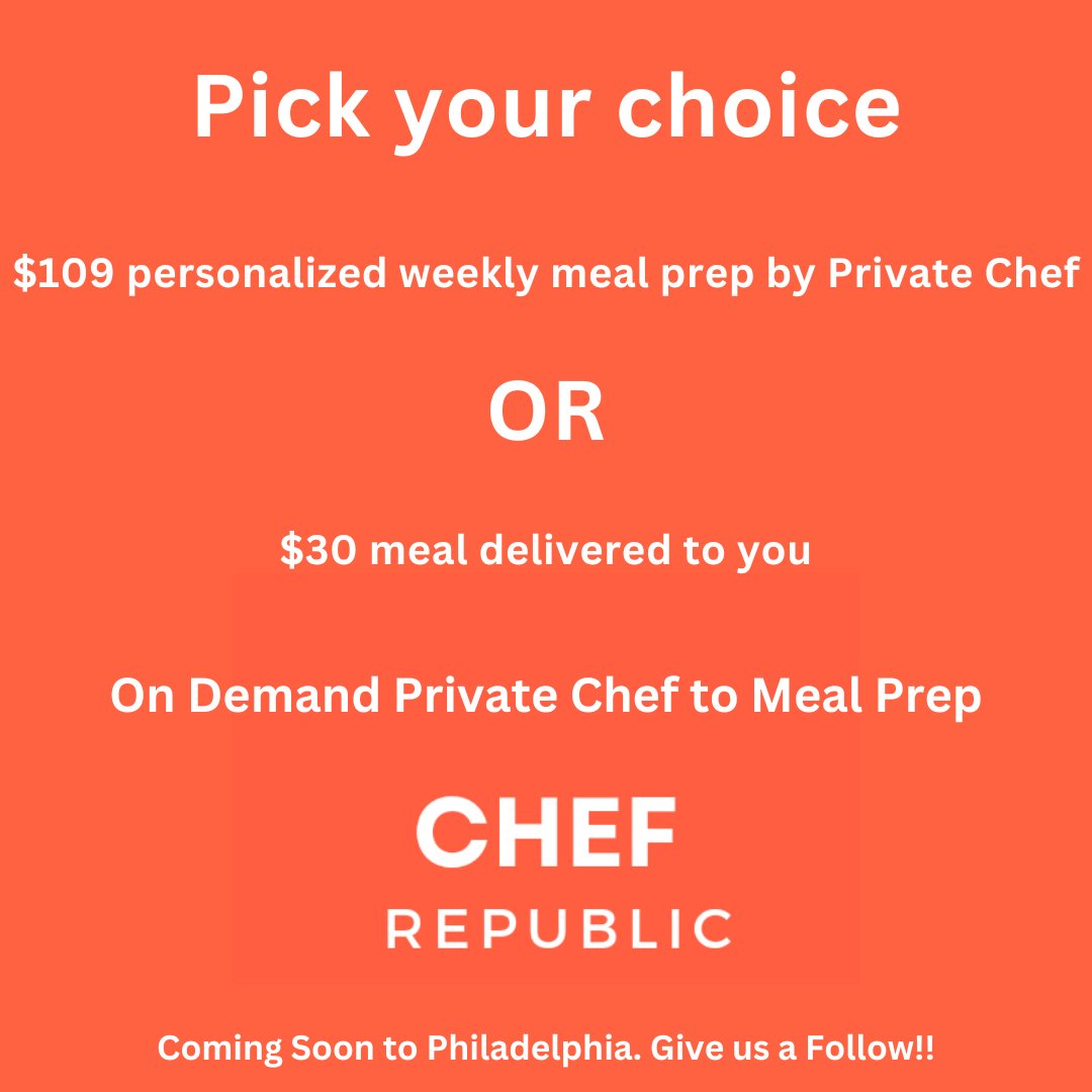 chefrepublic_us's tweet photo. 💥Private Chef service for home cooked meals at $109💥
#chef #philadelphia #philadelphiaeagles #phillygym #rittenhousesquare #mainlinepa #needachef #phillyfit #phillydiet #phila #phillies #sixers #drexelhill #ketodiet #mealprep #StartupPH #SuperBowlLVII #wellness need a chef https://t.co/hHSCbmpoCp