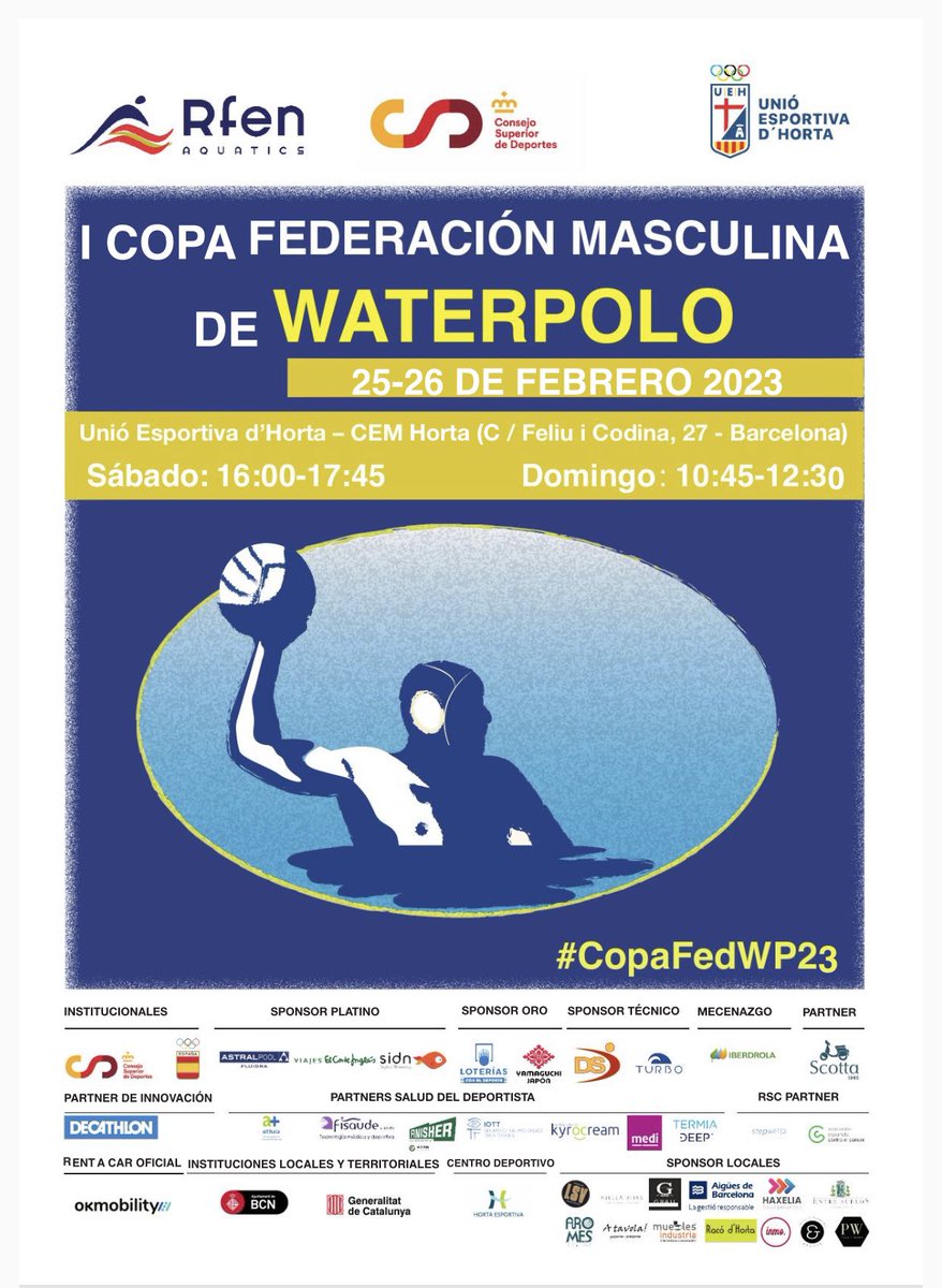 UEHorta's tweet photo. La UEHorta amfitriona de la I Copa Federación RFEN masculina, que es celebrarà els dies 25 i 26 de Febrer. Amb la participació dels equips de 1ª Divisió Masculina: 

UE Horta-Haxelia, CN Sant Feliu, CN Premià y CN Montjuïc.
#waterpolo #RFEN_Oficial https://t.co/kTzUbAzzvy