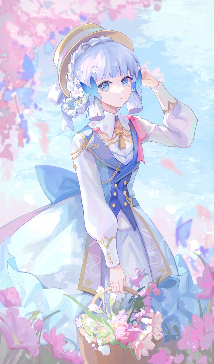 kamisato ayaka 1girl solo blue eyes flower hat looking at viewer hair ornament  illustration images