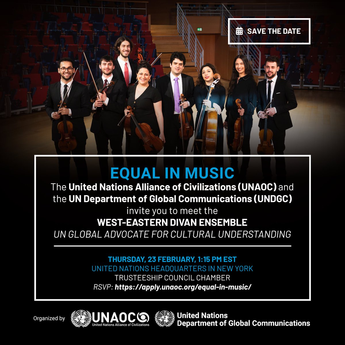 🎶 Join us for “Equal in Music: The West-Eastern Divan Ensemble”, co-organized by #UNAOC & the @UN Department of Global Communications 🗓 Thursday, 23 Feb, 1:15pm EST 📍 Trusteeship Council, UNHQ, New York 👉 Register: apply.unaoc.org/equal-in-music/ (UN Grounds Pass holders only)