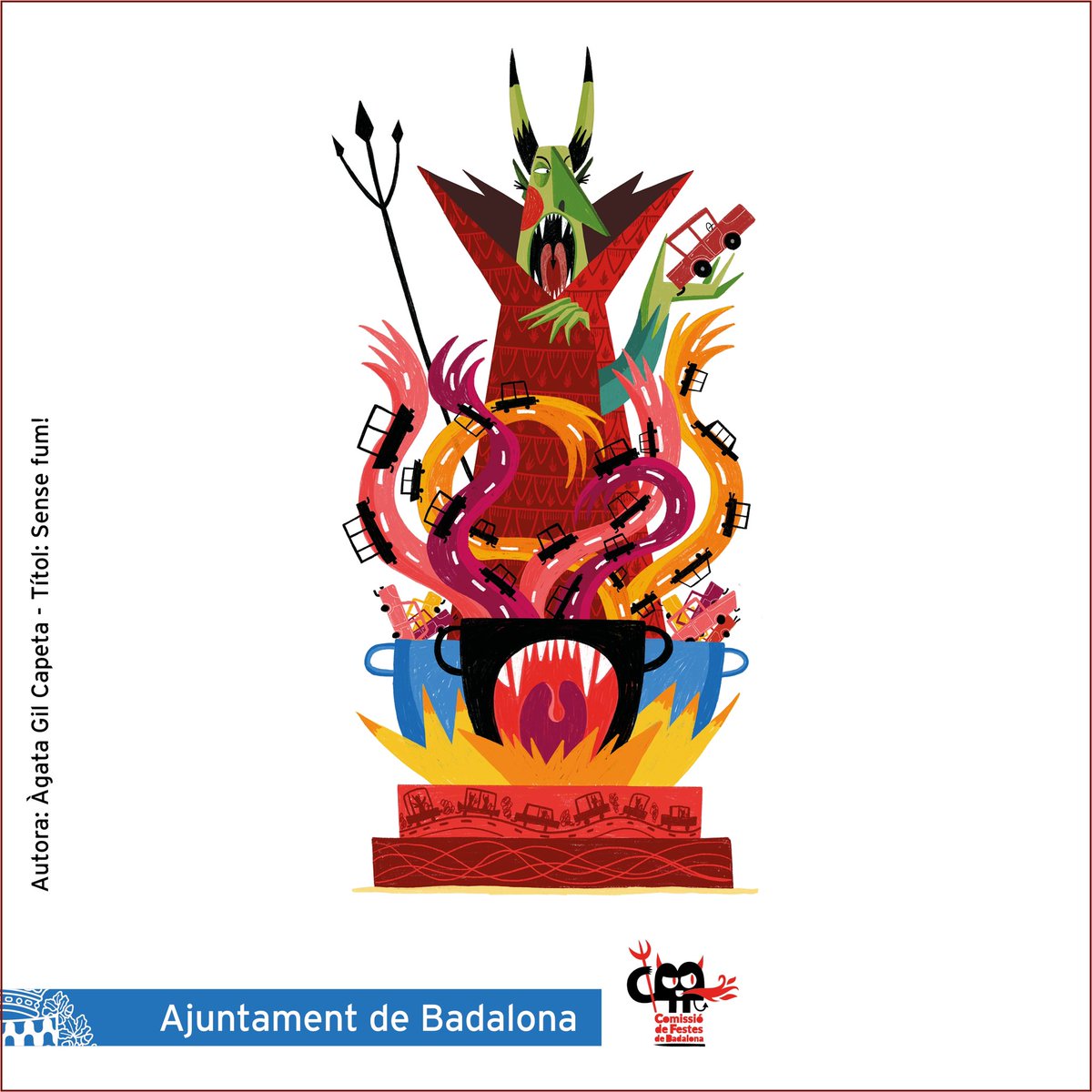👉 El disseny guanyador del concurs Crema’l tu! porta el lema ‘Sense fum!’ I és obra d’Àgata Gil Capeta, docent, il•listradora i dissenyadora gràfica.